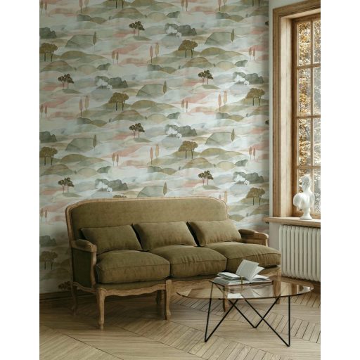 Ködfátyolba vesző lágyan hullámzó dombok - akvarell toszkán táj törtfehér olívzöld rózsás pír és zöldeskék tónus tapéta