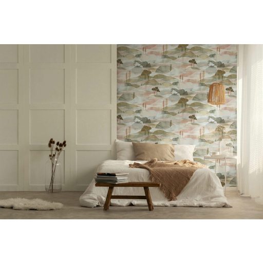 Ködfátyolba vesző lágyan hullámzó dombok - akvarell toszkán táj törtfehér olívzöld rózsás pír és zöldeskék tónus tapéta