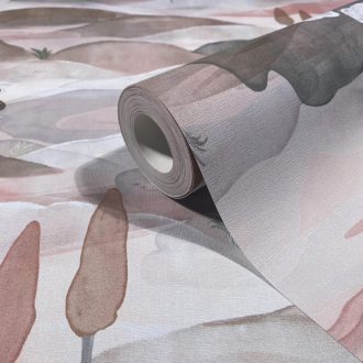   Ködfátyolba vesző lágyan hullámzó dombok - akvarell toszkán táj törtfehér terrakotta/lazac barna és kék tónus tapéta