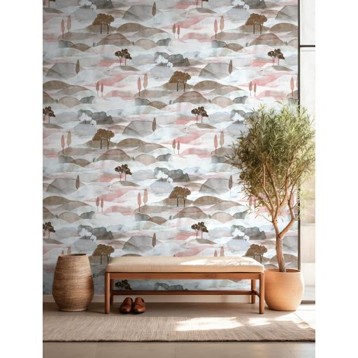 Ködfátyolba vesző lágyan hullámzó dombok - akvarell toszkán táj törtfehér terrakotta/lazac barna és kék tónus tapéta