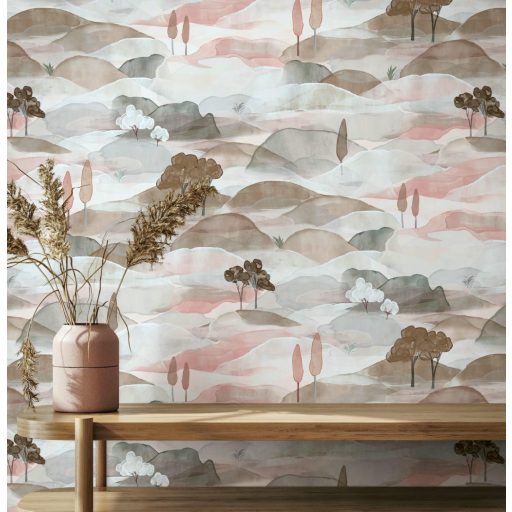 Ködfátyolba vesző lágyan hullámzó dombok - akvarell toszkán táj törtfehér terrakotta/lazac barna és kék tónus tapéta