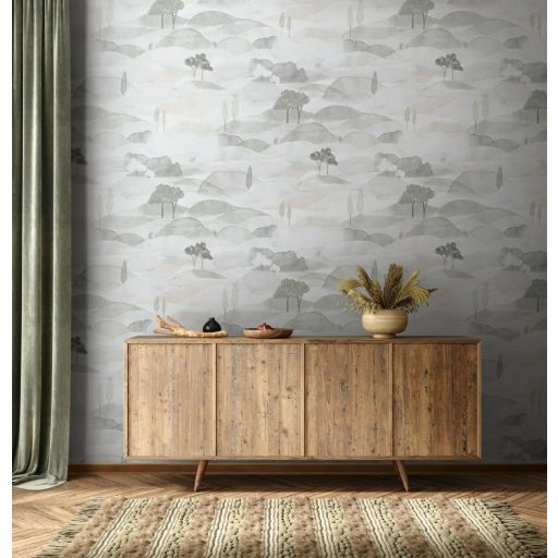 Ködfátyolba vesző lágyan hullámzó dombok - akvarell toszkán táj törtfehér bézs és szürke tónus tapéta