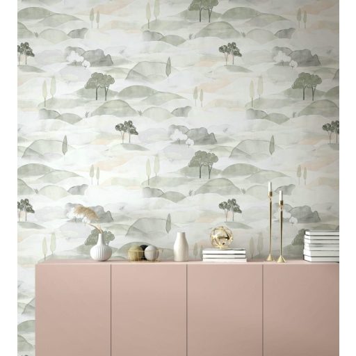 Ködfátyolba vesző lágyan hullámzó dombok - akvarell toszkán táj törtfehér bézs és szürke tónus tapéta