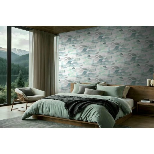 Ködfátyolba vesző lágyan hullámzó dombok - akvarell toszkán táj törtfehér mentazöld kék és szürke szürkésbarna tónus tapéta