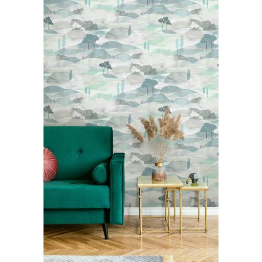 Ködfátyolba vesző lágyan hullámzó dombok - akvarell toszkán táj törtfehér mentazöld kék és szürke szürkésbarna tónus tapéta