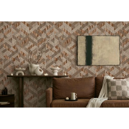 Archaikus geometrikus gyékényfonatra emlékeztető 3D hatású minta barna sötétbarna és mézszín tónus tapéta