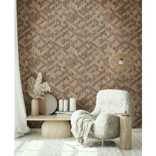 Archaikus geometrikus gyékényfonatra emlékeztető 3D hatású minta barna sötétbarna és mézszín tónus tapéta