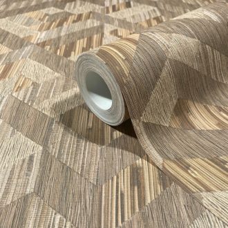   Archaikus geometrikus gyékényfonatra emlékeztető 3D hatású minta bézs barna és homokszín tónus tapéta