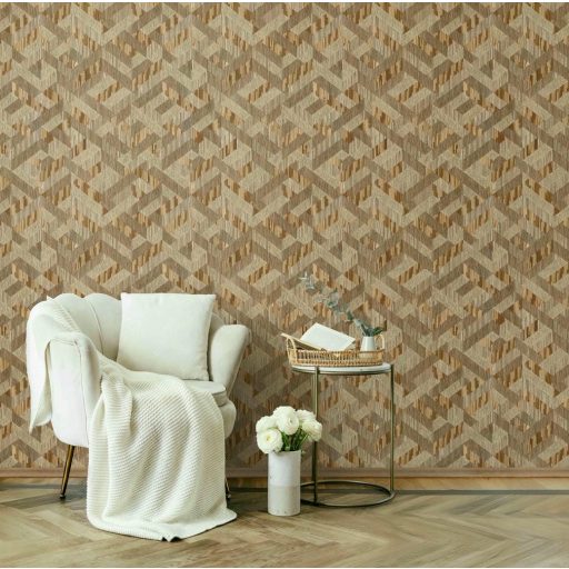 Archaikus geometrikus gyékényfonatra emlékeztető 3D hatású minta bézs barna és homokszín tónus tapéta
