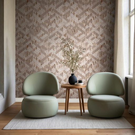 Archaikus geometrikus gyékényfonatra emlékeztető 3D hatású minta ezüstös szürke és hűvös taupe tónus tapéta