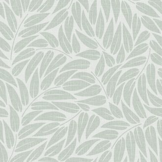   3D hatású stilizált levélzuhatag vászonstruktúrán törtfehér és világoszöld tónus tapéta