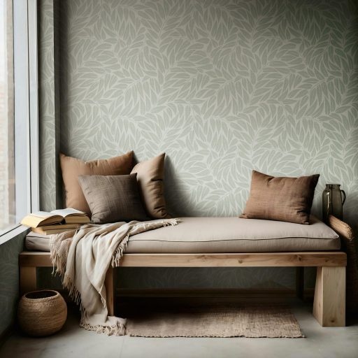 3D hatású stilizált levélzuhatag vászonstruktúrán törtfehér és világoszöld tónus tapéta