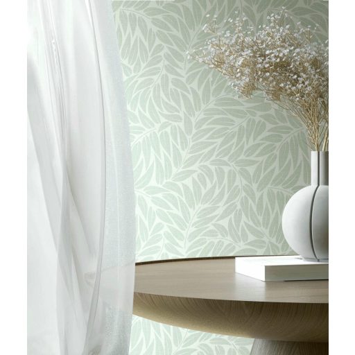 3D hatású stilizált levélzuhatag vászonstruktúrán törtfehér és világoszöld tónus tapéta