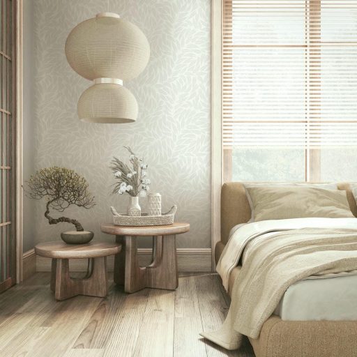 3D hatású stilizált levélzuhatag vászonstruktúrán krémfehér bézs és szürkésbézs tónus tapéta