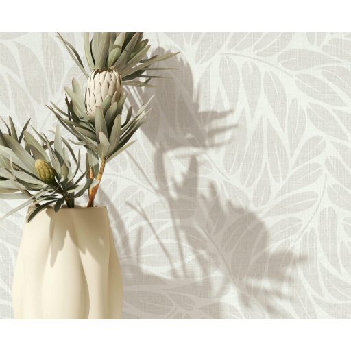 3D hatású stilizált levélzuhatag vászonstruktúrán krémfehér bézs és szürkésbézs tónus tapéta