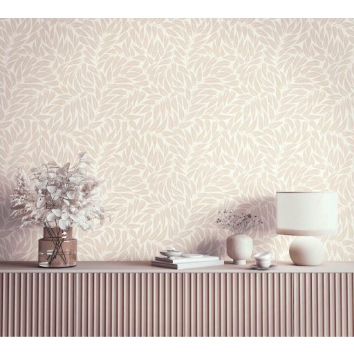 3D hatású stilizált levélzuhatag vászonstruktúrán krémszín és mogyoróbézs tónus tapéta