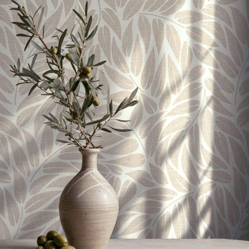 3D hatású stilizált levélzuhatag vászonstruktúrán krémszín és mogyoróbézs tónus tapéta