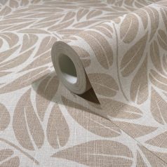   3D hatású stilizált levélzuhatag vászonstruktúrán ecru és barna tónus tapéta