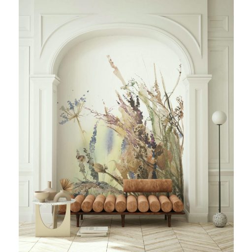 Vadvirágok és kalászok mozgalmas akvarell kompozíciója fehér levendulakék okkersárga és földes-barna tónus falpanel