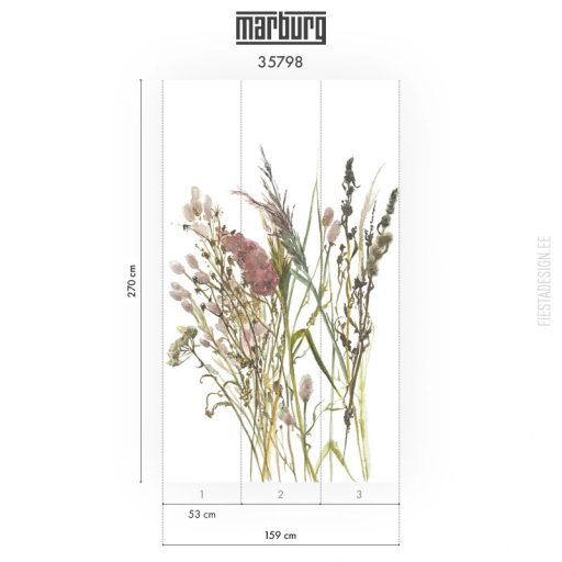 Szárított kalászok és mezei virágok légies kompozíciója fehér mályvarózsaszín olívzöld és természetes bézs tónus falpanel