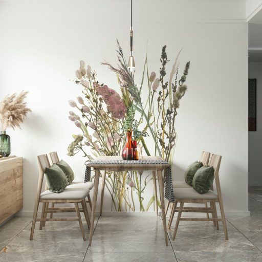 Szárított kalászok és mezei virágok légies kompozíciója fehér mályvarózsaszín olívzöld és természetes bézs tónus falpanel