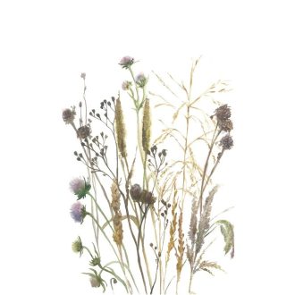   Botanikus részletgazdagság és boho könnyedség - réti vadvirágok mintája fehér pasztell lila okker és mogyoróbarna tónus falpanel