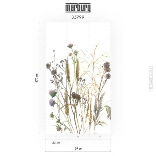 Botanikus részletgazdagság és boho könnyedség - réti vadvirágok mintája fehér pasztell lila okker és mogyoróbarna tónus falpanel