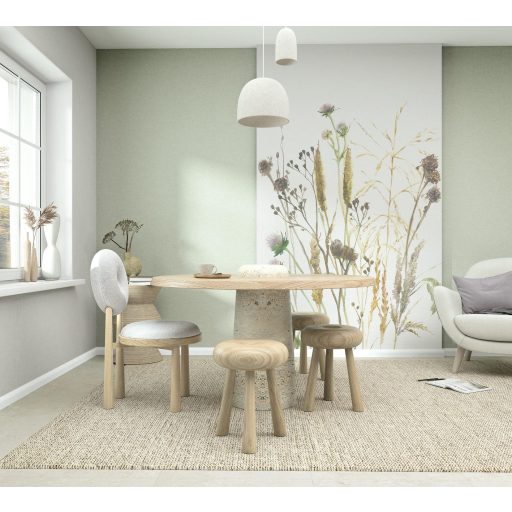 Botanikus részletgazdagság és boho könnyedség - réti vadvirágok mintája fehér pasztell lila okker és mogyoróbarna tónus falpanel