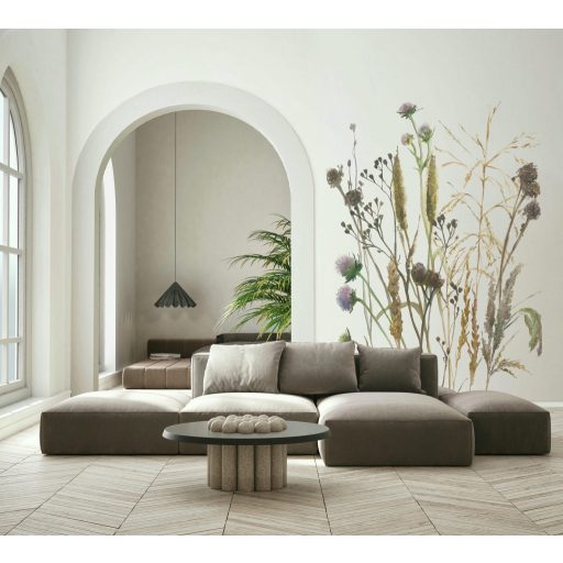 Botanikus részletgazdagság és boho könnyedség - réti vadvirágok mintája fehér pasztell lila okker és mogyoróbarna tónus falpanel