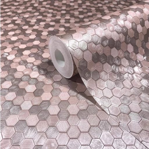 Geometriai sikk! Fémes felületű dizájner méhkas mitázat púderrózsaszín és roségold tónus tapéta