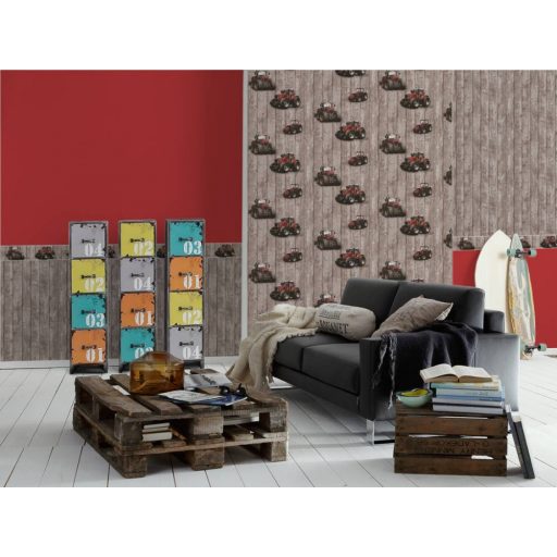 As-Creation Little Stars 35843-2  faminta alapon traktorok barna piros fekete bordűr