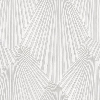   Art deco jellegű 3D stilizált pálmalavelek dinamikus irányváltásokkal törtfehér és szürke/ezüstszürke tónus tapéta