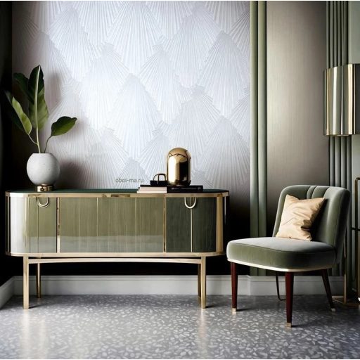 Art deco jellegű 3D stilizált pálmalavelek dinamikus irányváltásokkal törtfehér és szürke/ezüstszürke tónus tapéta
