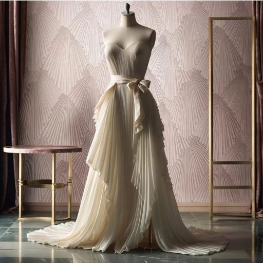 Art deco jellegű 3D stilizált pálmalavelek dinamikus irányváltásokkal púderes-rózsaszín törtfehér és világosbézs tónus tapéta