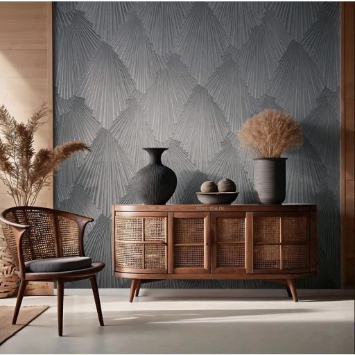 Art deco jellegű 3D stilizált pálmalavelek dinamikus irányváltásokkal grafit és ezüstszürke tónus tapéta