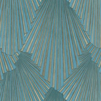   Art deco jellegű 3D stilizált pálmalavelek dinamikus irányváltásokkal kékeszöld/türkiz és arany/aranybarna tónus tapéta