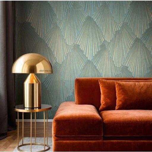 Art deco jellegű 3D stilizált pálmalavelek dinamikus irányváltásokkal kékeszöld/türkiz és arany/aranybarna tónus tapéta