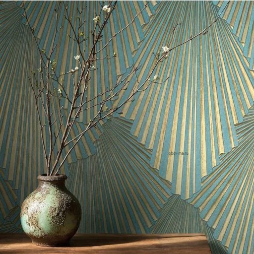 Art deco jellegű 3D stilizált pálmalavelek dinamikus irányváltásokkal kékeszöld/türkiz és arany/aranybarna tónus tapéta