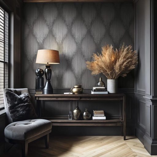 Strasszokkal díszített nagyformátumú rombuszminta gyöngy és grafitszürke tónus tapéta