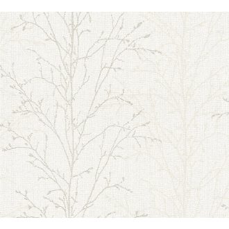   Stilizált grafikus kialakítású növényi ágak levelek mintája tötfehér és szürke/világosszürke tónus tapéta