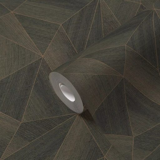 Polygon 3D design - Fémes élekkel kiemelt mértani testek zöld bézs és arany tónus tapéta