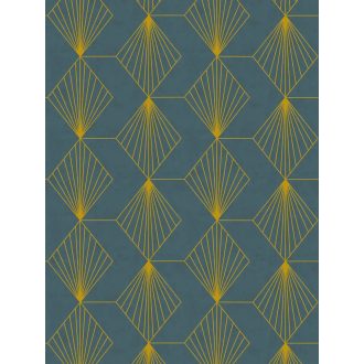   Kapcsolatban álló "sugárirányban" mintázott rombuszok mintája sötétkék/sötét petrolkék fémes arany mintarajzolat tapéta