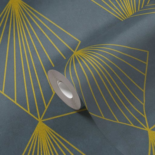 Kapcsolatban álló "sugárirányban" mintázott rombuszok mintája sötétkék/sötét petrolkék fémes arany mintarajzolat tapéta