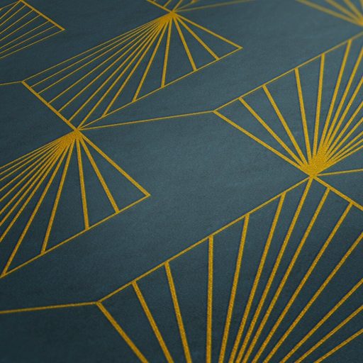 Kapcsolatban álló "sugárirányban" mintázott rombuszok mintája sötétkék/sötét petrolkék fémes arany mintarajzolat tapéta