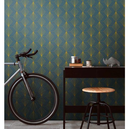 Kapcsolatban álló "sugárirányban" mintázott rombuszok mintája sötétkék/sötét petrolkék fémes arany mintarajzolat tapéta