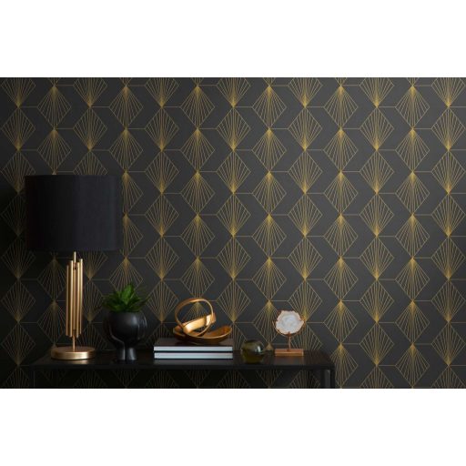 Kapcsolatban álló "sugárirányban" mintázott rombuszok mintája antracit fémes arany mintarajzolat tapéta