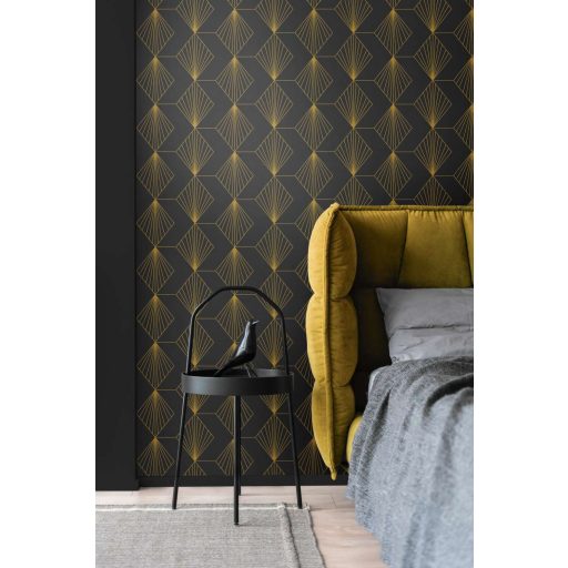 Kapcsolatban álló "sugárirányban" mintázott rombuszok mintája antracit fémes arany mintarajzolat tapéta