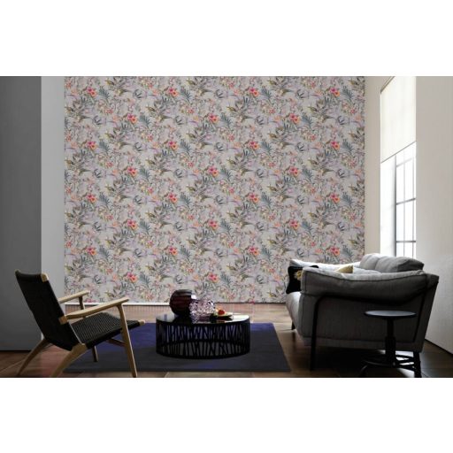 As-Creation Dream Flowery 38178-2 Natur Trópusi buja egzotikus motívum kolibrikkel krémszürke halványlila sárga pink/lila szines tapéta