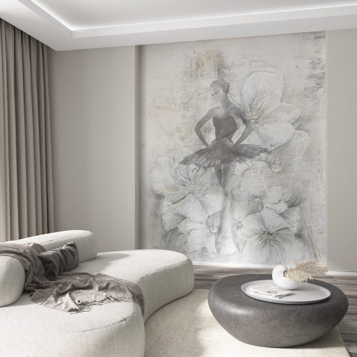 Balettintézeti anziksz 3.1 - balett alapmozdulat balerina spiccben ezüstfehér krétaszürke és palaszürke tónus falpanel