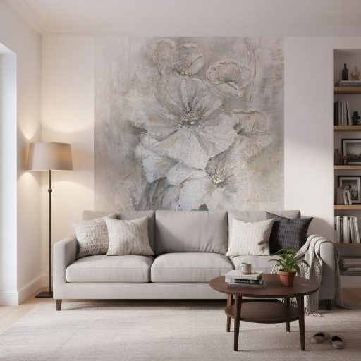 Ecsetvonások kavargásából kibontakozó művészi virágkompozíció porcelánfehér szürke palaszürke és aranybarna tónus falpanel